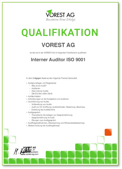 ISO 45001 Schulung Qualifikationsbescheinigung der VOREST AG Deutsch