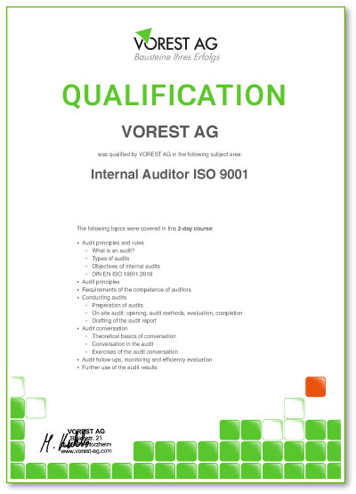 ISO 45001 Schulung Qualifikationsbescheinigung der VOREST AG Englisch