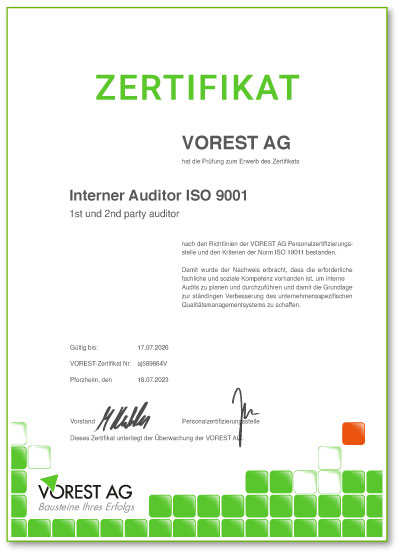 ISO 45001 Schulung Zertifikat der VOREST AG Deutsch