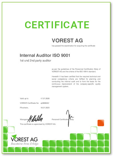 ISO 45001 Schulung Zertifikat der VOREST AG Englisch